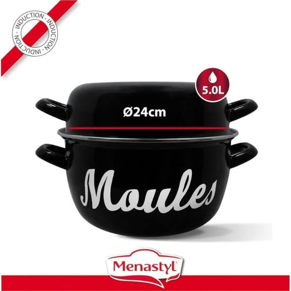 Simpukkakattila - MENASTYL - 3645564 - Emaloitu teräs - Musta - 24 cm - Kirjoitustoiminnolla - Kaikki liesitasot, myös induktio