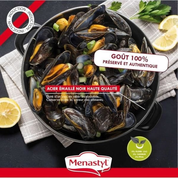 Simpukkakattila - MENASTYL - 3645564 - Emaloitu teräs - Musta - 24 cm - Kirjoitustoiminnolla - Kaikki liesitasot, myös induktio