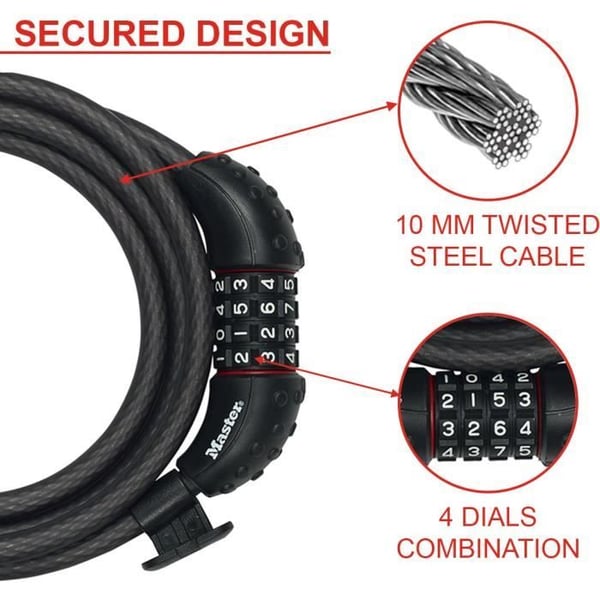 Polkupyörän lukko - MASTER LOCK - 8120EURDPRO - Kierretty teräsvaijeri - 1,8 m pitkä