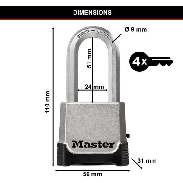 Högsäkerhetshänglås - MASTER LOCK - M176EURDLH - Zink - XL-bygel - Utvändigt