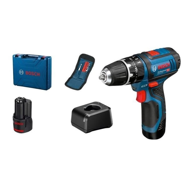 Bosch Professional GSB 12V-15 slagborrskruvdragare + 10 tillbehör + 2 x 2,0 Ah batterier + väska
