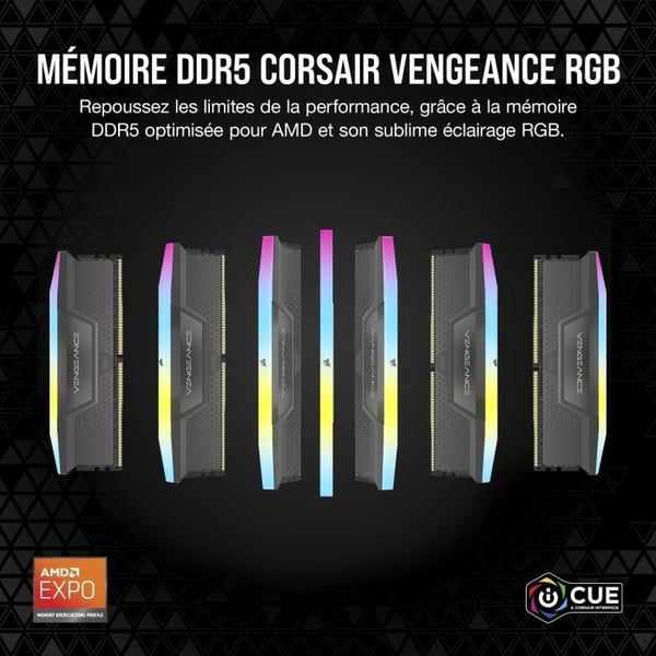 RAM-hukommelse - CORSAIR - Vengeance RGB DDR5 RAM 64GB (2x32GB) 6000MHz CL30 AMD Expo Kompatibel iCUE - Grå (CMH64GX5M2B6000Z30)