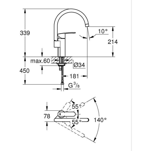 GROHE WAVE COSMOPOLITAN ettgrepps vridbar blandare för diskho - 32449-001
