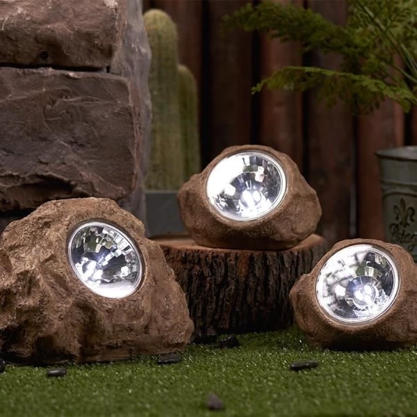 Set med 3 solcellsstenar för trädgården - LUMISKY - ROCKY BROWN - 14 och 9 cm - Markering - Vit LED