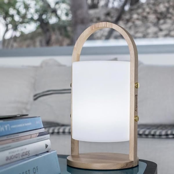 Woody LED-utomhuslykta - LUMISKY - Vit - Skandinavisk design - Handtag i naturträ - 10 timmars batteritid