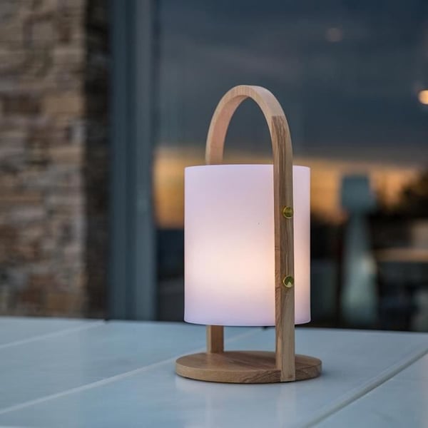 Woody LED-utomhuslykta - LUMISKY - Vit - Skandinavisk design - Handtag i naturträ - 10 timmars batteritid