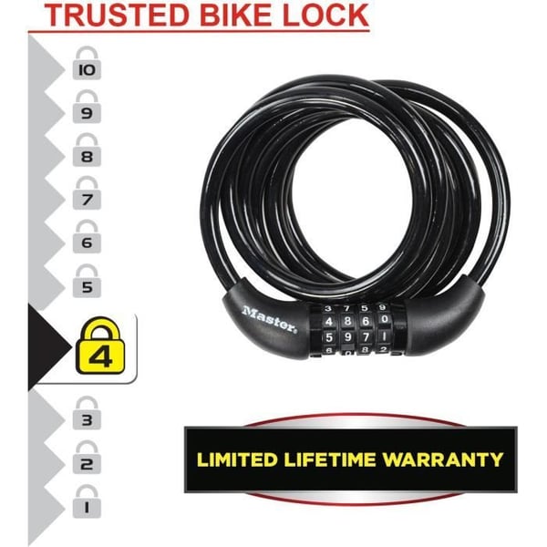 Polkupyörän lukko - MASTER LOCK - 8221EURDPRO - 1,8 m kierretty kaapeli - ohjelmoitava yhdistelmä