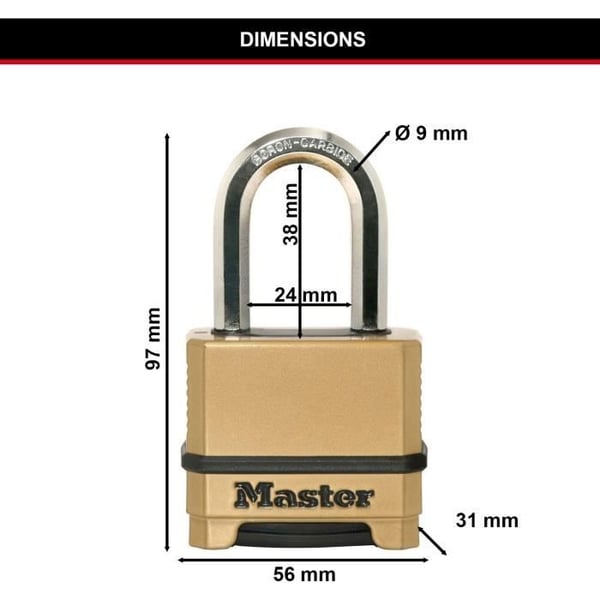 Højsikkerhedshængelås - MASTER LOCK - M175EURDLF - Kombination - Zink - L-bøjle - Udvendig