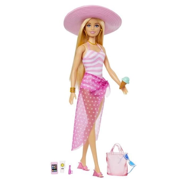 Barbie-Barbie strand-blond dukke i badedragt og tilbehør HPL73