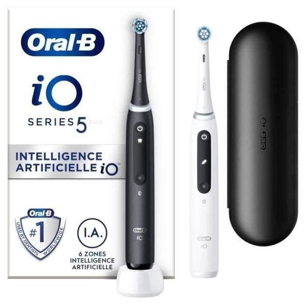 Oral-B iO 5 Twin Pack. Sorte og hvide elektriske tandbørster. 2 børstehoveder.