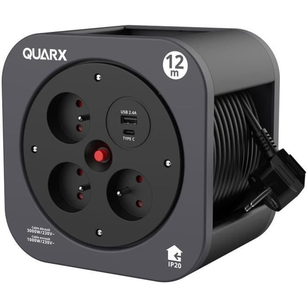 Spole - QUARX - S-Box - 12m. 3 x 16A stikkontakter. USB Type A og C