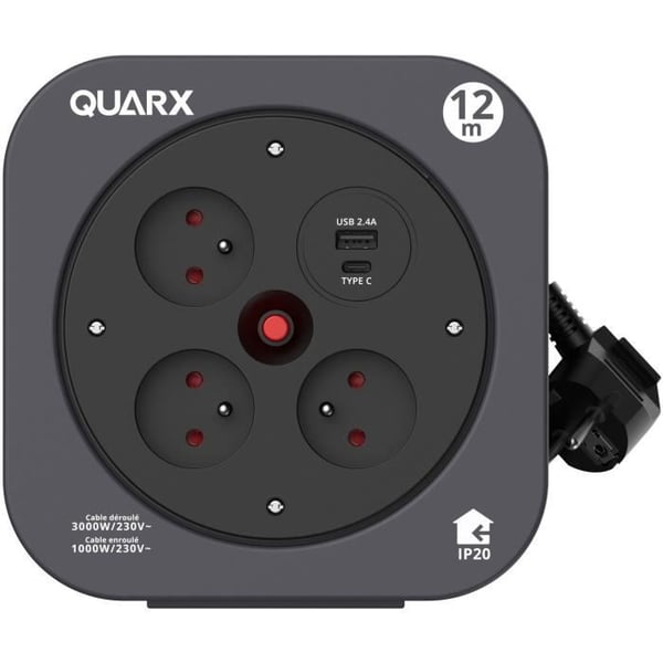 Spole - QUARX - S-Box - 12m. 3 x 16A stikkontakter. USB Type A og C