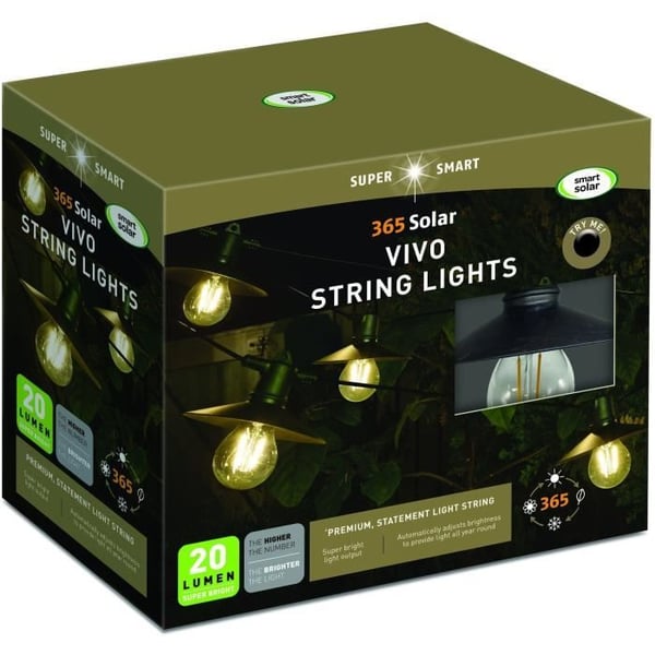Vivo 365 20L aurinkokennovalosarja - SMART SOLAR - 8 lämpimän valkoista LED-lamppua - 365 Solar -teknologia