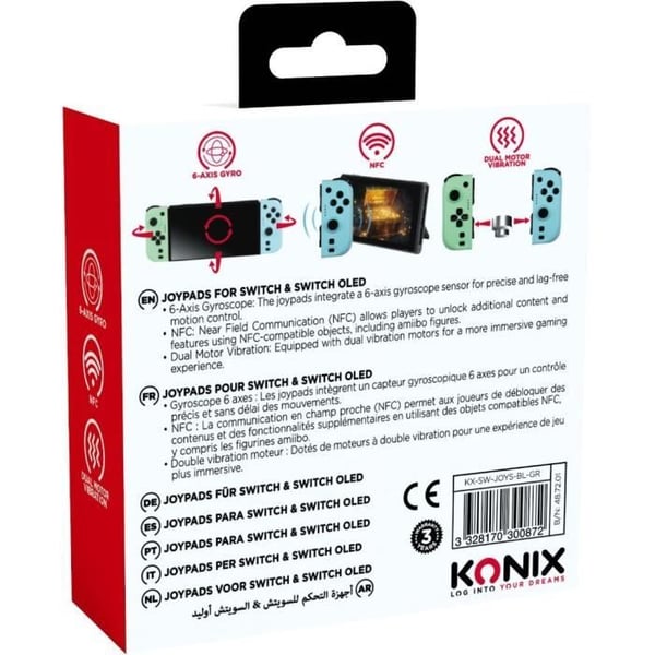 Joypads - Nintendo Switch och Switch OLED - KONIX - 8 timmars batteritid - Vibrationsfunktion - Grön och blå
