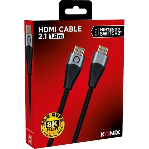 HDMI 2.1 Kabel - KONIX - Nintendo Switch 2 - 4K og 8K Kompatibilitet - Flettet Nylon - Længde 1,8 m - Sort