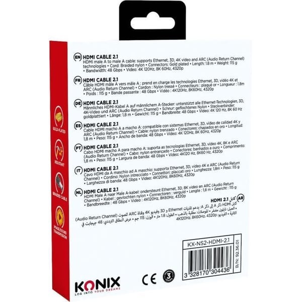 HDMI 2.1 Kabel - KONIX - Nintendo Switch 2 - 4K og 8K Kompatibilitet - Flettet Nylon - Længde 1,8 m - Sort