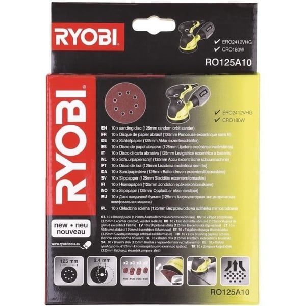 RYOBI - 10 skiver diam. 125 mm selvgribende til excentersliber, korn 100 / 120 / 240 / 320 - RO125A10