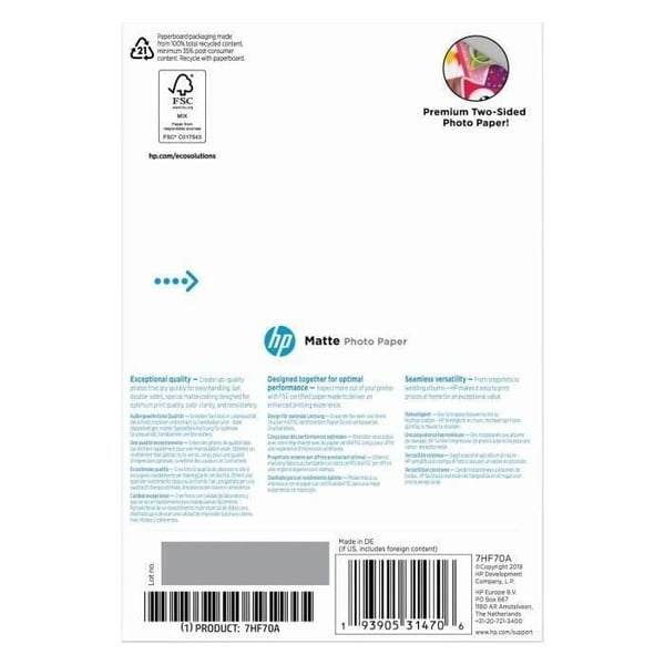 HP:n mattapintainen valokuvapaperi - 180 g/m2 - 10 x 15 cm - 25 arkkia (7HF70A)