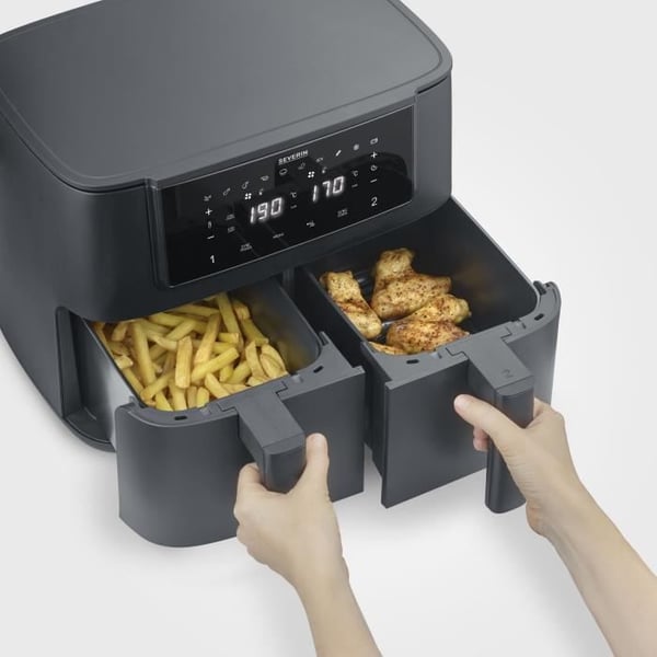 SEVERIN Oliefri Frituregryde - Airfryer FR2463 - 8L Kapacitet - Dobbelt Tank - 10 Programmer - 2600W