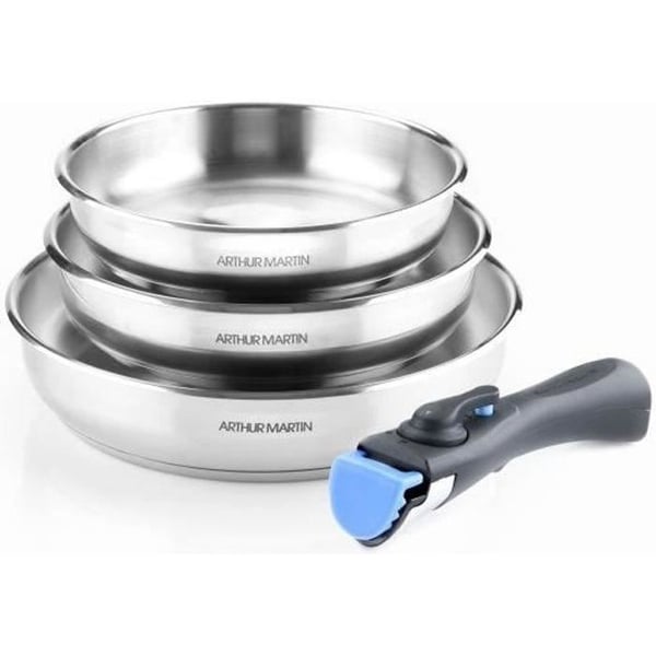 Sæt med 3 stegepander 20-24-26 cm Arthur Martin AM1410 - Rustfrit stål - Aftageligt håndtag - Alle kogeplader inklusive induktion Sæt med 3 stegepander 20-24-26 cm Arthur Martin AM1410 - Rustfrit stål - Aftageligt håndtag - Alle kogeplader inklusive induktion