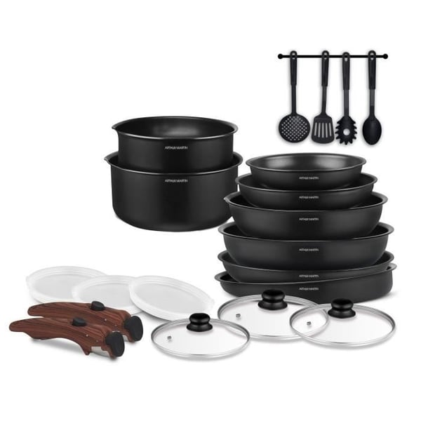 Køkkengrejsæt - Alle kogeplader inklusive induktion - Arthur Martin - AM0530 - Aluminium - Non-stick - 20 dele - Aftageligt håndtag