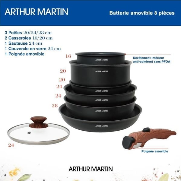 ARTHUR MARTIN 8-delt køkkengrejsæt - Aluminium - Træhåndtag - Velegnet til alle varmekilder inklusive induktion