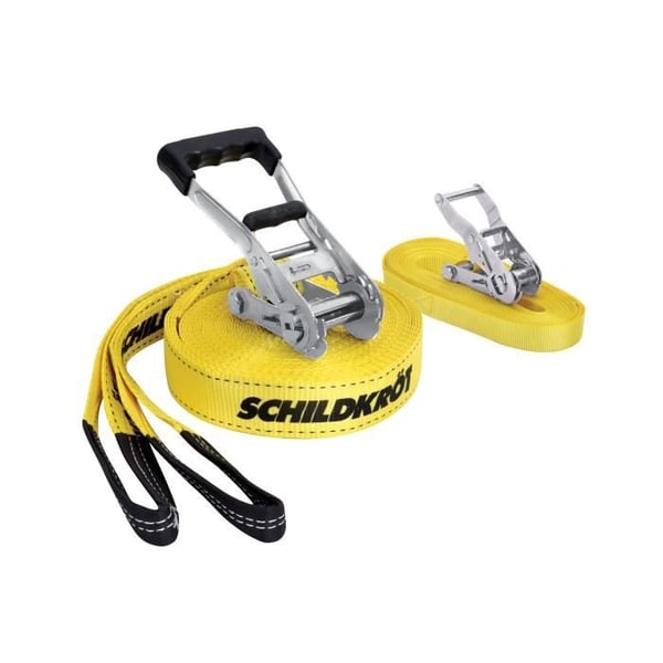 Slackline - SCHILDKROT - 15 m lang x 5 cm bred - Metalskralde - Træningsrem medfølger - Maks. 150 kg
