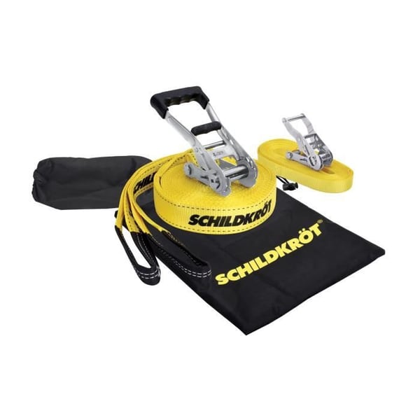 Slackline - SCHILDKROT - 15 m lang x 5 cm bred - Metalskralde - Træningsrem medfølger - Maks. 150 kg