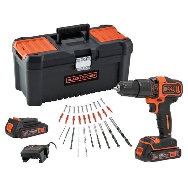 BLACK+DECKER 18 V:n akkuporakone - BDCHD18C2TA-QW - Mukana 2 kpl 18 V:n akkuja - 30 lisävarustetta