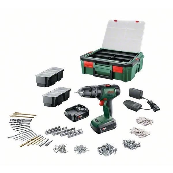 Bosch UniversalDrill 18 Borrskruvdragare (Levereras med 2 x 1,5 Ah batterier. SystemeBox. 241 tillbehör) - PowerForAll