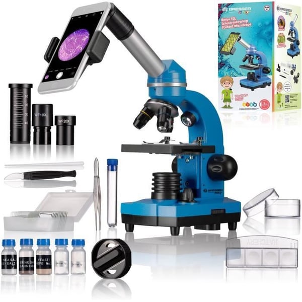 BIOLUX SEL - BRESSER JUNIOR Opiskelijamikroskooppi - 40x-1600x suurennus - Kokeilupakkaus - Sininen