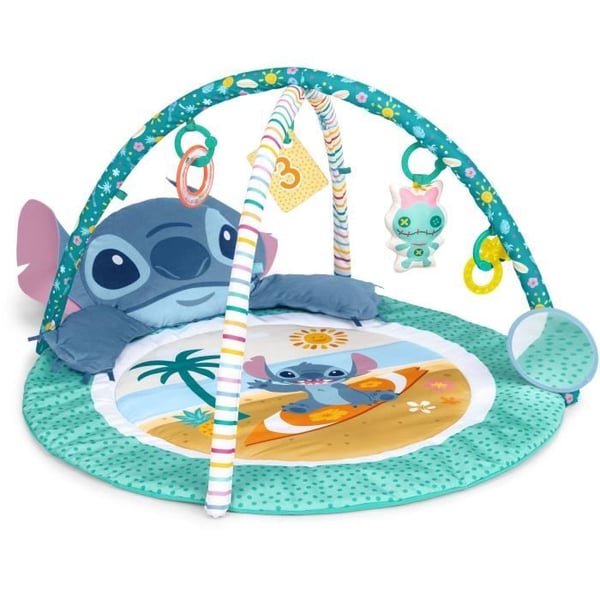 DISNEY BABY - STITCH - Babylegemåtte, udviklende, bue med sanselegetøj, plysdyr, spejl, Stitch-pude, rangle