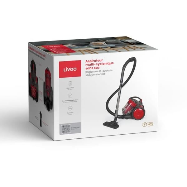 Poseløs multicyklonisk støvsuger - LIVOO - DOH136R - 700 W - 16 kPa - 78 dB - 3 L - Vaskbart filter - Rød / Grå