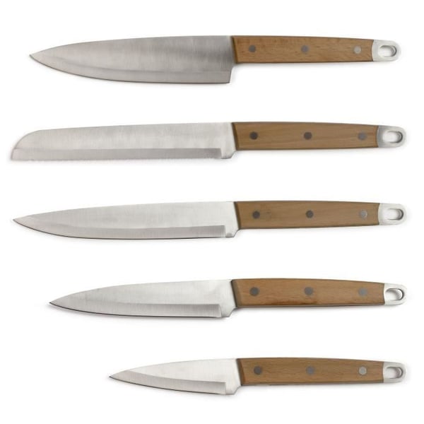 Sæt med 5 knive - LIVOO - MEC129 - Kokkeknive, brødknive, køkkenknive, udskæringsknive og skrælleknive - Rustfrit stål - Bøgeskaft