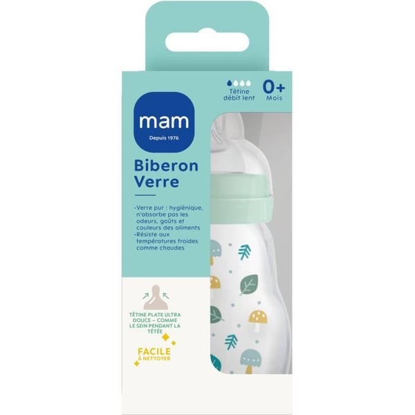 MAM Glasbabyflaske - 170 ml - Blå - Flowhastighed 1 sut