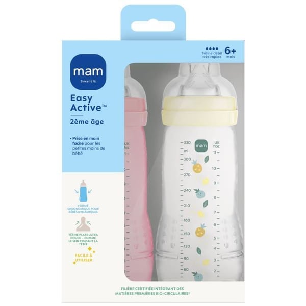 2 pullon setti - MAM BABY - Easy Active - +6 kk - 330 ml - X flow -tutti - Berry + Pearl