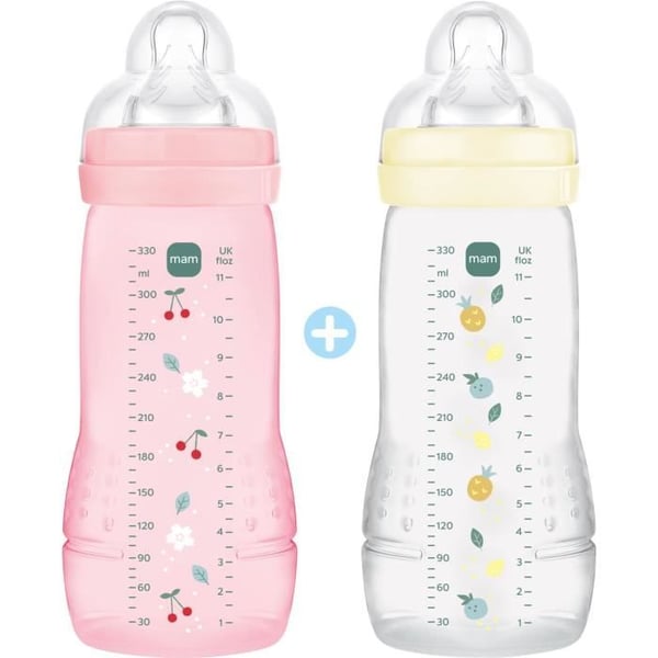 Sæt med 2 flasker - MAM BABY - Easy Active - +6 måneder - 330 ml - X-flow sut - Berry + Pearl