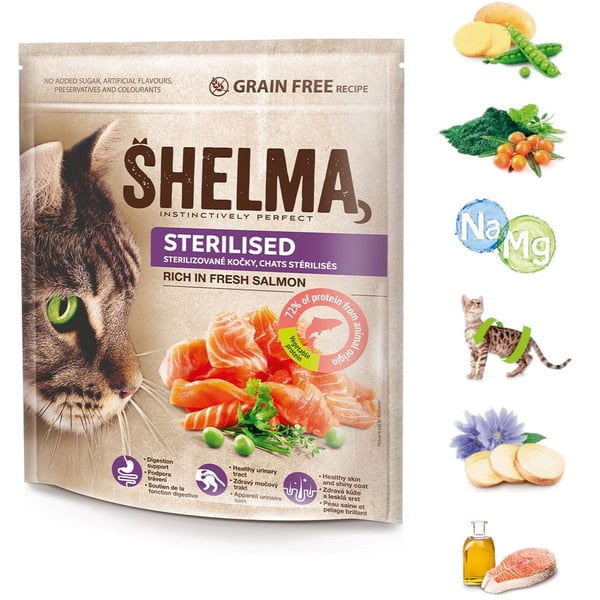 SHELMA Steriliserad rik på lax - torrfoder för katter - 750 g