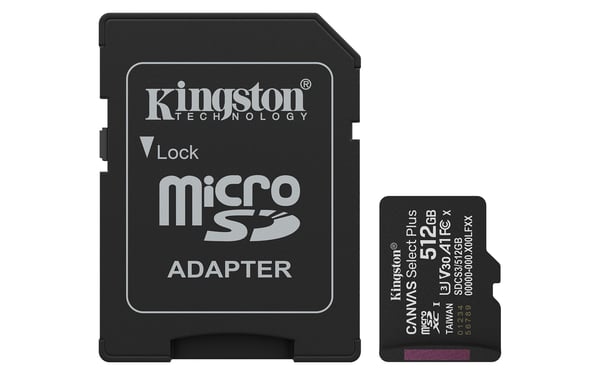 Kingston Technology 512GB microSDXC Canvas Select Plus Gen3 150MB/s A1 -muistikortti + sovitin
