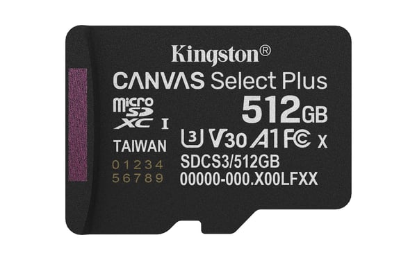 Kingston Technology 512GB microSDXC Canvas Select Plus Gen3 150MB/s A1-kort + adapter