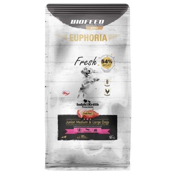 EUPHORIA Fresh Junior Medium & Large hundar Kalkon med kanin - torrfoder för hundar - 12 kg