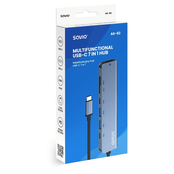 Savio AK-82 -liitäntäkeskitin USB Type-C 5000 Mbit/s Musta