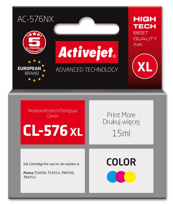 Activejet AC-576NX Canon-tulostimen muste. Canon CL-576XL -vaihtomuste; Supreme; 15 ml; väri: sininen, keltainen, magenta Activejet AC-576NX Canon-tulostimen muste. Canon CL-576XL -vaihtomuste; Supreme; 15 ml; väri: sininen, keltainen, magenta