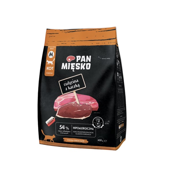 Pan Mięsko Kalvkött med anka torrfoder för katter krispigt M 400g