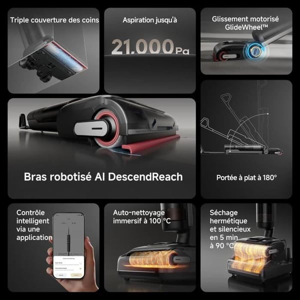 DREAME H15 Pro støvsuger. AI DescendReach robotarm. Trekantet. 21 kPa. Filtfri. 100°C nedsænkende børstevask.