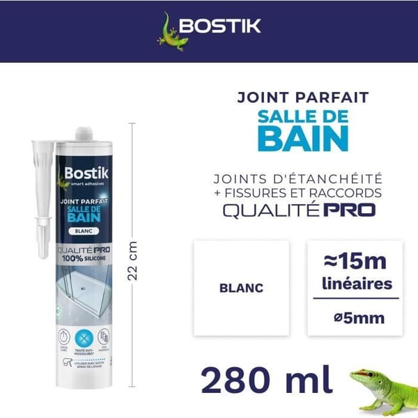 Badrumstätningsmedel - BOSTIK - Perfect Joint - Silikon vattentätning - Anti-mögel - Vit - 280 ml