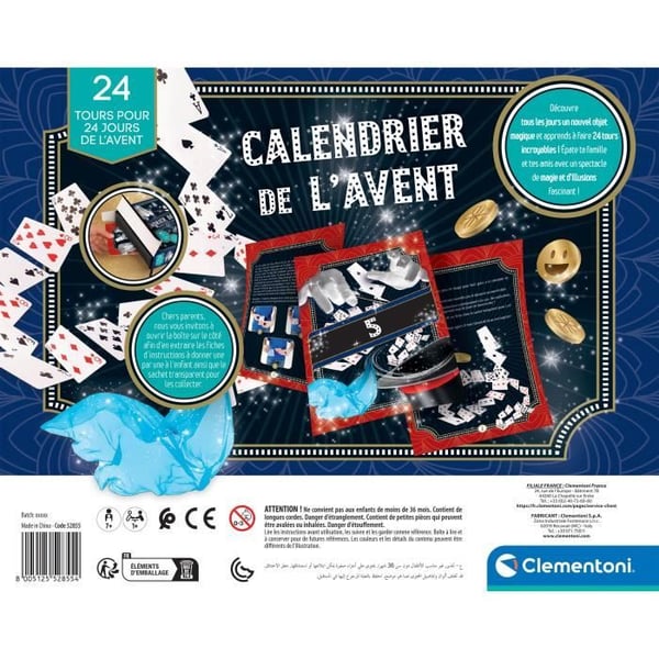 Adventskalender för trollkarlar. Tema med magi och illusioner. 24 olika trick. Inkluderar illustrerad manual. CLEMENTONI 52855. Från 7 år.