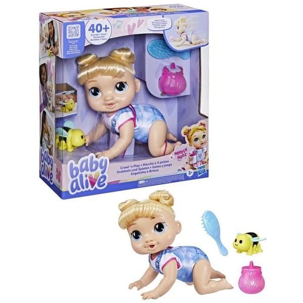 Baby Alive. Harper Hugs Kravlende. 27 cm elektronisk dukke, der kravler. Blond hår. Fra 3 år Baby Alive. Harper Hugs Kravlende. 27 cm elektronisk dukke, der kravler. Blond hår. Fra 3 år
