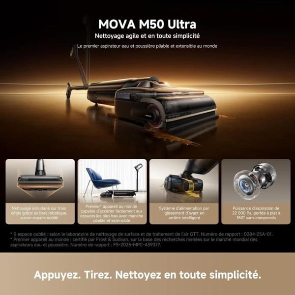 MOVA M50 ULTRA - Harja- ja lattiaimuri - 22 000 Pa - Robottivarsi - Taittuva ja pidennettävä kahva - Uppoharjapesu 100 °C