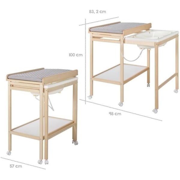 Skötbord med utdragbart badkar - ROBA - Inkluderar vattenavvisande madrass Roba-stil Grå - Förvaringshylla - Naturträ